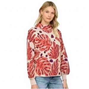 Fate “Coral Palm” Print Mock Neck Sweater With Balloon Sleeves Small NWOT!